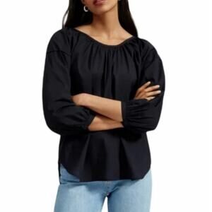 Everlane Ruched Air Blouse Black Cotton 3/4 Sleeve Size 0 NWT